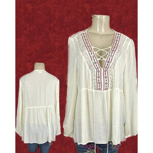 Flying Tomato Jrs + 2X Vanilla Sheer Lace Stitch Lace-Up Neck Long Sleeve Blouse